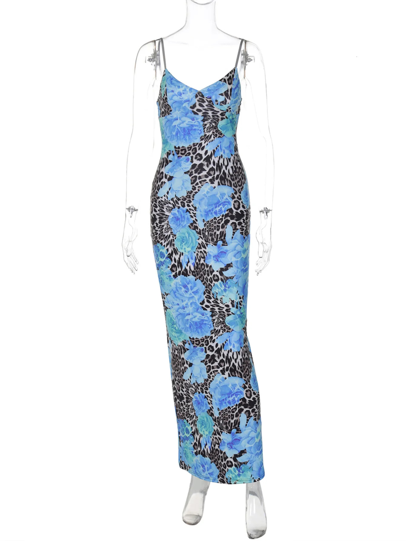 Hugcitar Elegant Print V Neck Slips Backless Sexy Bodycon Maxi Dress Fall Women Fashion Y2K Outfits Party Festival Club 250320