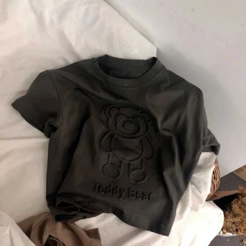 Baby boys and girls summer cartoon bear short sleeved T-shirt childrens staff collar embroidery top-level childrens casual streetwearT250320
