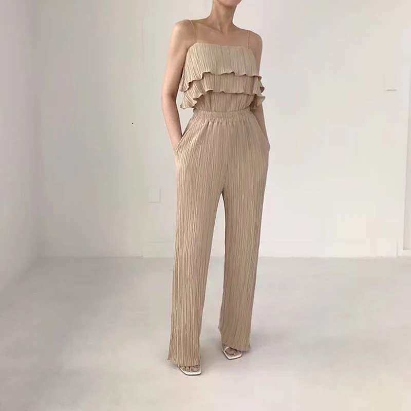 HELIAR Women Set Pleated Spaghetti Strap Tank Top and Wide Leg Pants 2 Piece Sets Vacation Beach Suits Summer Women Outfits 250320