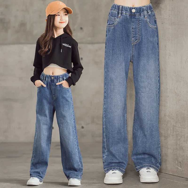 Spring Kids Jeans 3-9Y Cute Girls Solid Color Loose Wide Leg Pants Children Outwear Denim TrousersT250326