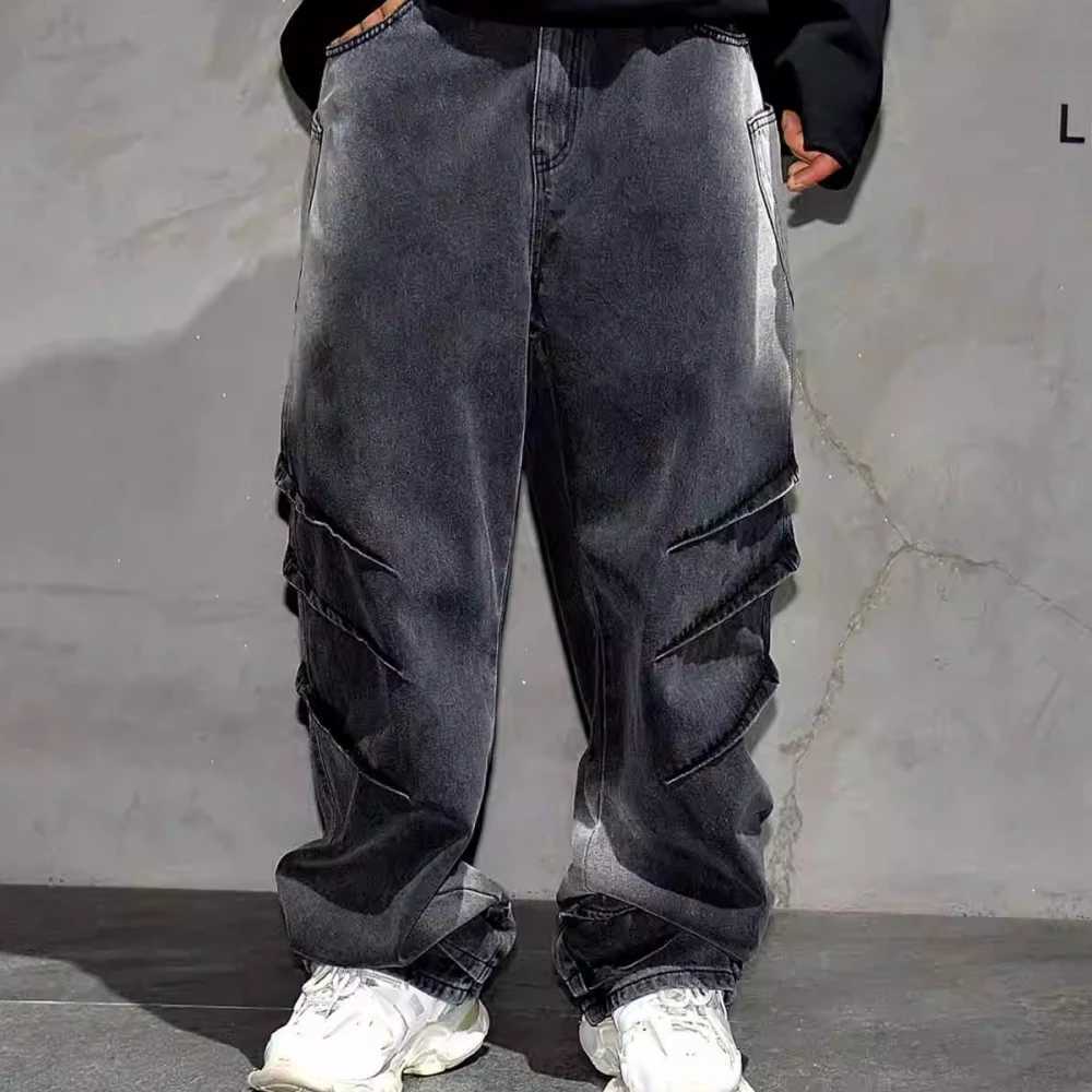 High quality black retro casual gradient cargo jeans streetwear straight leg jeans hip-hop jeans Kpop Trouser mensT250319