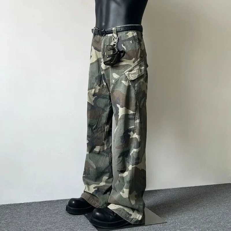 American style retro camouflage unisex pants 2025 Ropa Y2K mens new washed pure cotton straight wide leg pantsT250319