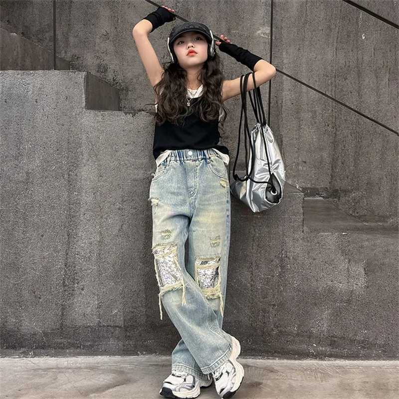 Girls bright jeans fashion 2024 new childrens wide leg pants style spring and autumn ripped pants for ages 6-15T250326