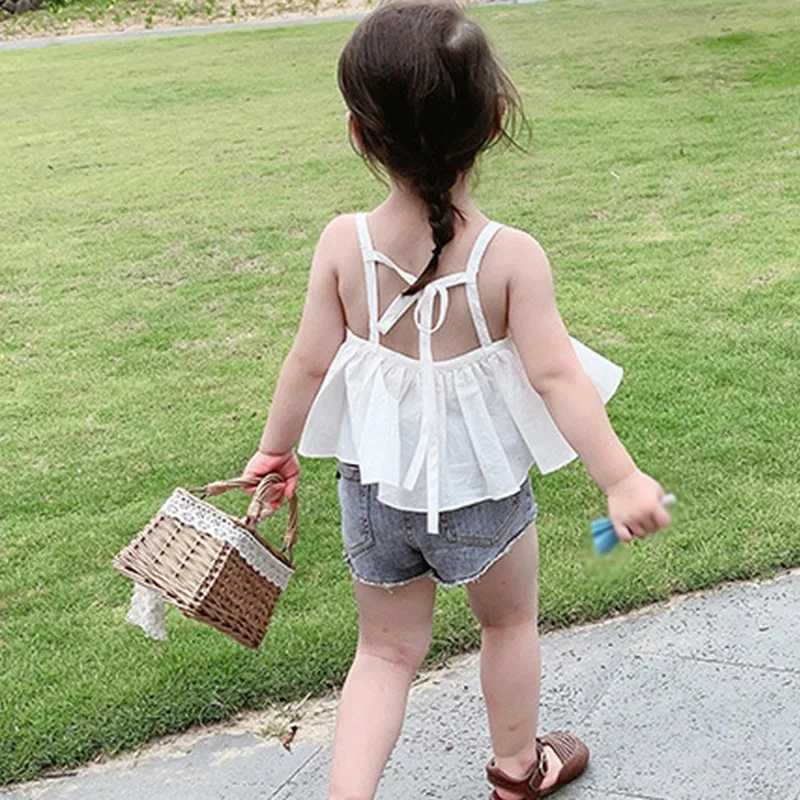 Autumn Kids Girls Sweet Sling Sleeveles T-shirt Children Casual Clothes Short Princess Dress Toddler Solid Color Bow VestT250320