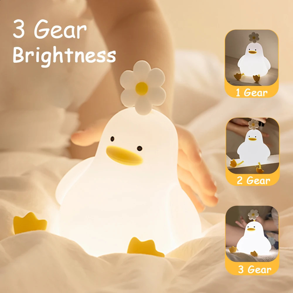 Duck Silicone Night Light for Children with Timer Usb Rechargeable Dimming Touch Lamp Sleeping Bedroom Cartoon Animal Decor Gift 250319