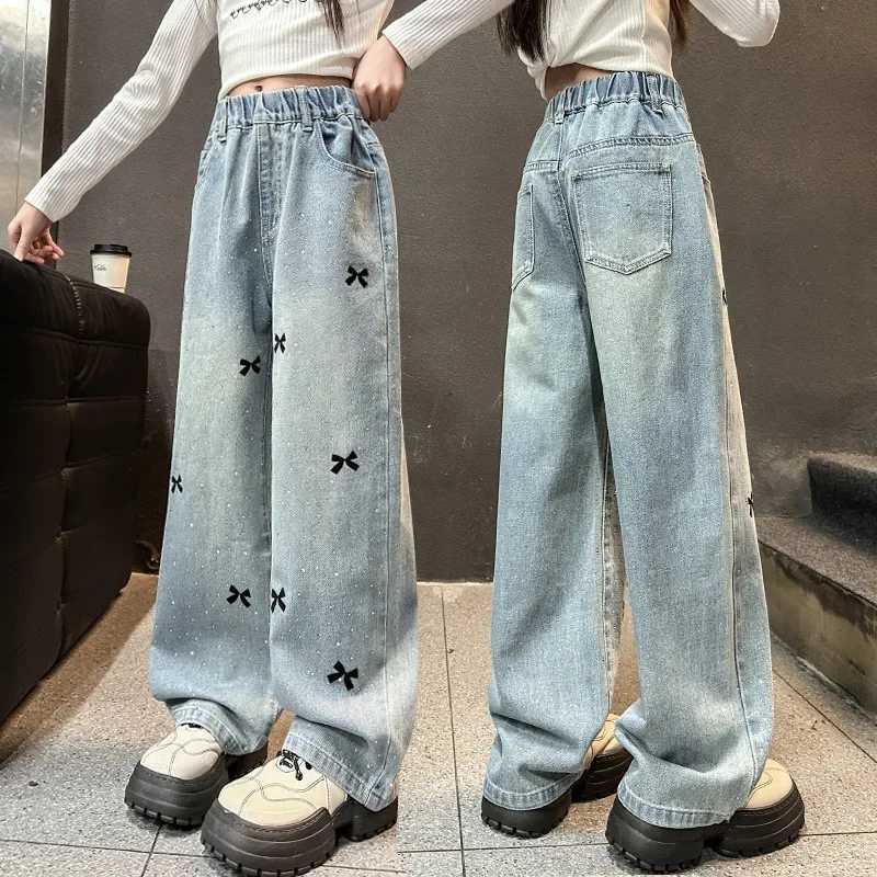 Girls Denim Pants Spring and Autumn 2025 New Kids Hot Drill Bow Jeans Teen Children Straight Leg Loose Wide-leg Pants TrousersT2502320
