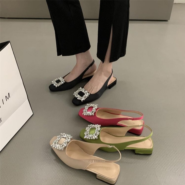 Women's open-back single shoes with square toes thick heels square buckles rhinestones fairy style and French style for summer new
