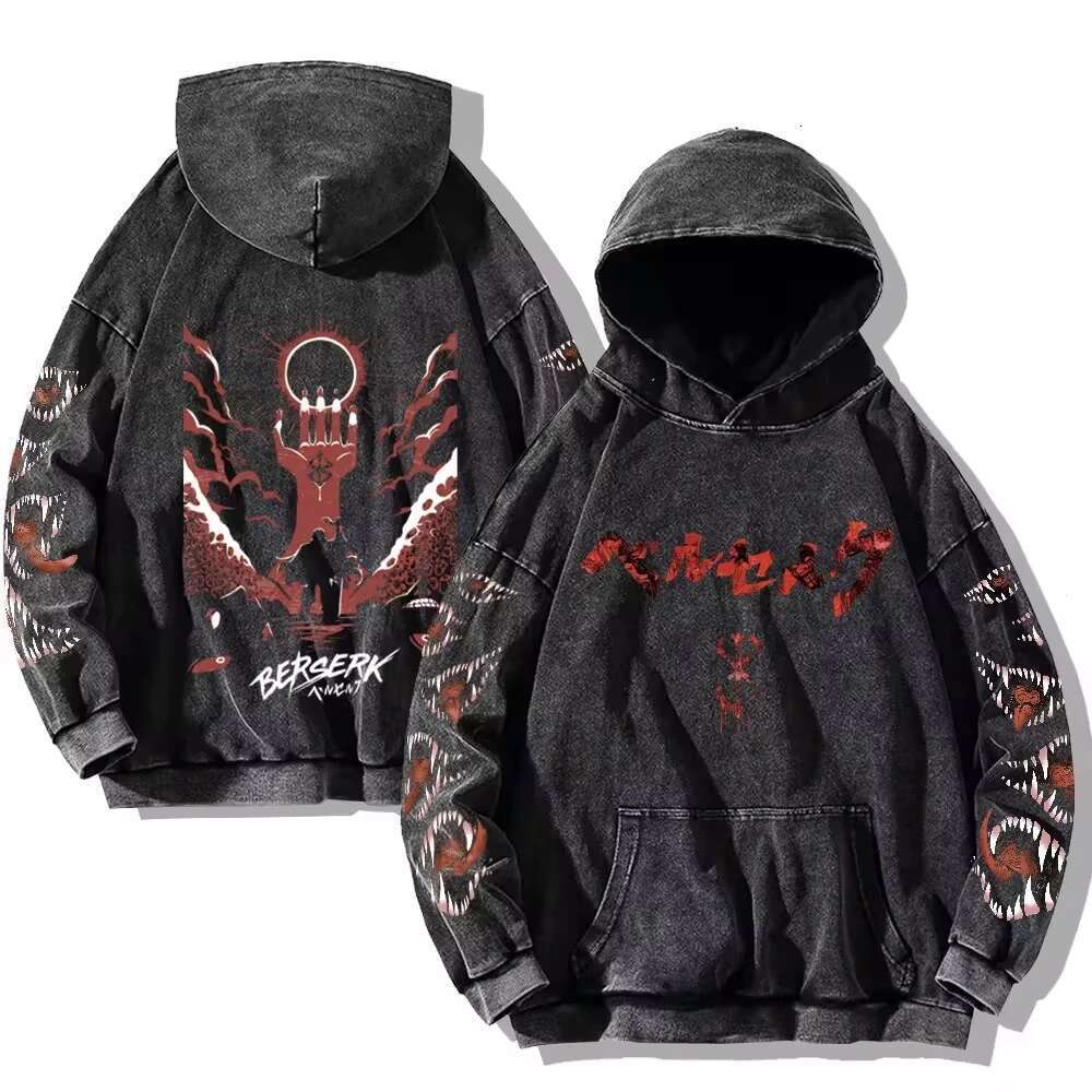 Men's Berserk Hoodie Retro Gothic Printed Washed Hoodie Hip Hop Street Clothing Cotton Sportswear Harajuku Casual Hoodie