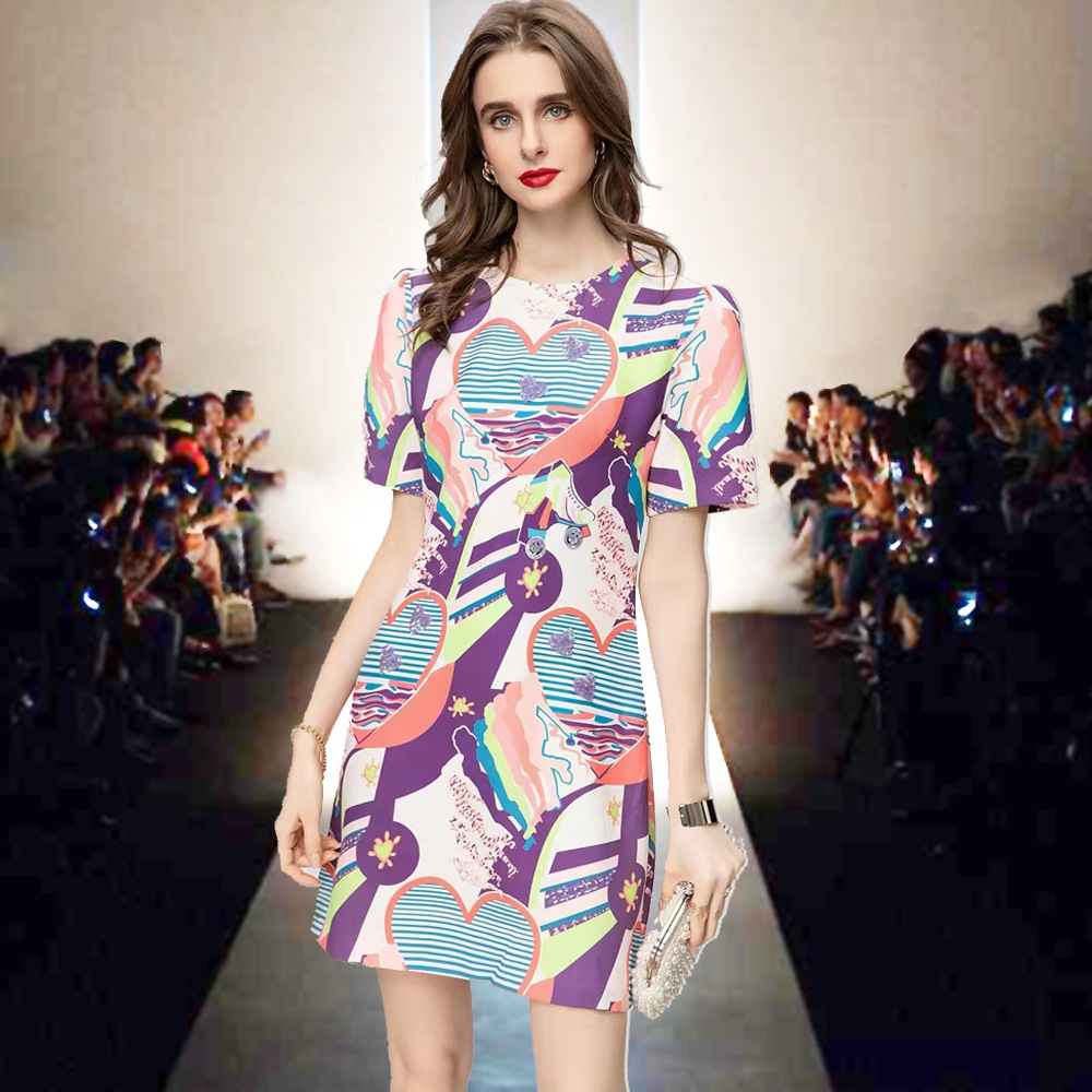 OC13800 Women's Dresses Multicolored Coated Canvas Luxury Customization Service Summer Round Neck Short Sleeved Printed Dress