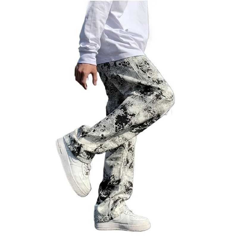 Mens jeans tie dye unisex printed jeans spring mop Trousers Korean high street loose hip-hop straight pantsT250319