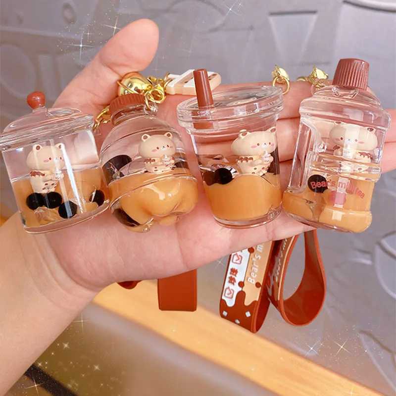 Cute Oil Pearl Milk Tea Bear Floating Liquid Keychain Bag Pendant Cartoon Cup Beverage Bottle Keychain Girl Keychain Gift 2023XJ250319