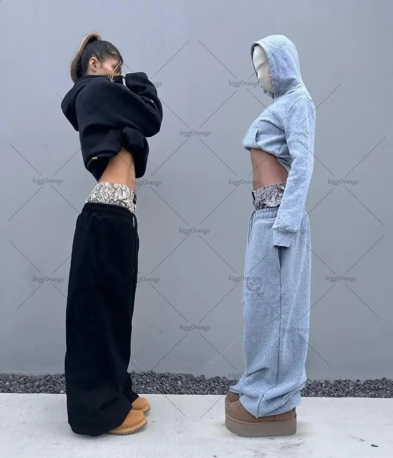 trend clothing Y2K Harajuku camouflage splicing twopiece set mens hiphop casual straight sports pants womens 250317