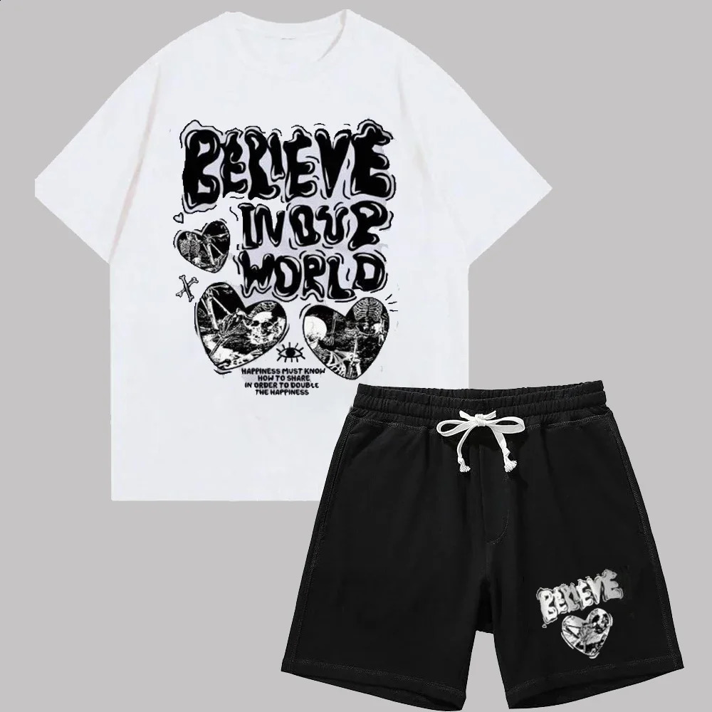 Love Printed T Shirt Shorts Suit Men Women Fashion Heart Tshirt Gothic Hip Hop Streetwear Summer Sports Casual Short Sleeve Set 250319