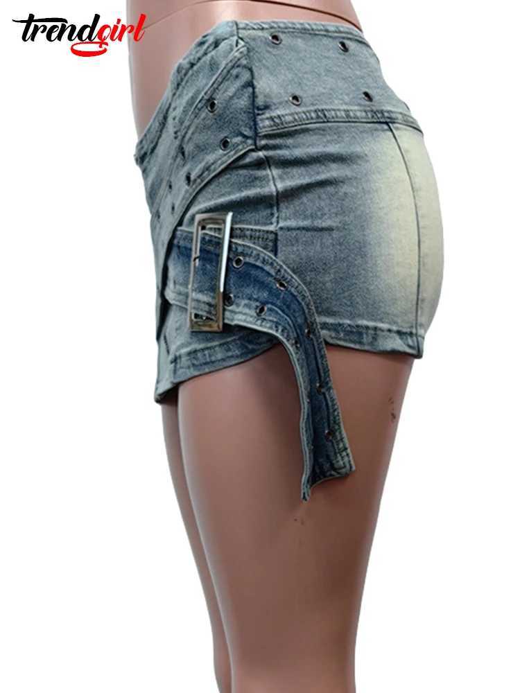Mlaiscsr Luxury Denim Mini Skirts Women Summer Cross Belt Zipper Blue Wild Night Club Wrap Hip Jean Short Dress Street BotXJ250320
