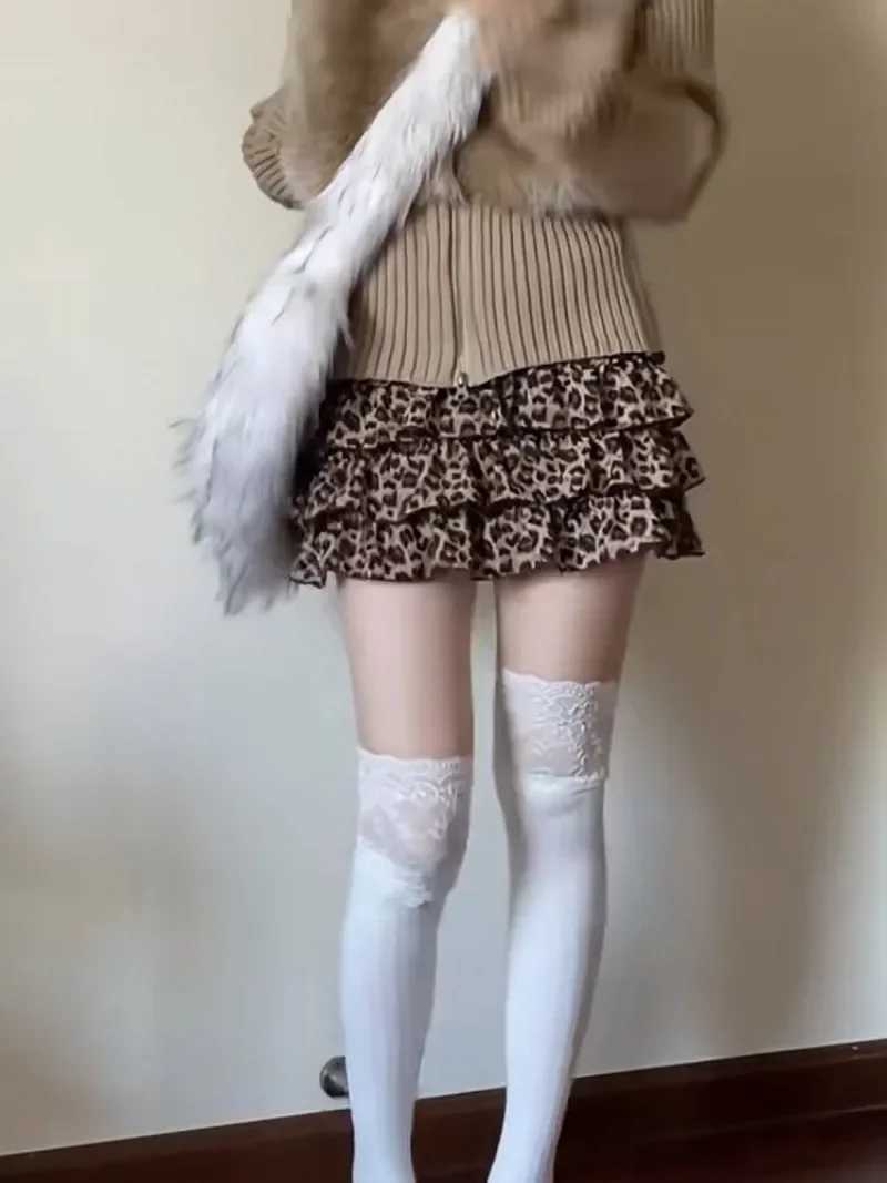 Summer Y2k womens leopard skin sexy womens chiffon mini skirt layered short mini skirt 2000s expression girl A-line skiing 2024XJ250320