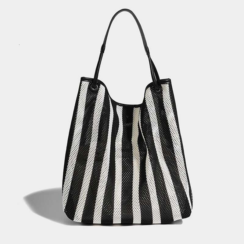 Striped Bucket Bags For Women Designer Handbags And Purses New In Fashion Hollow Out Weave Large Capacity Shoulder
