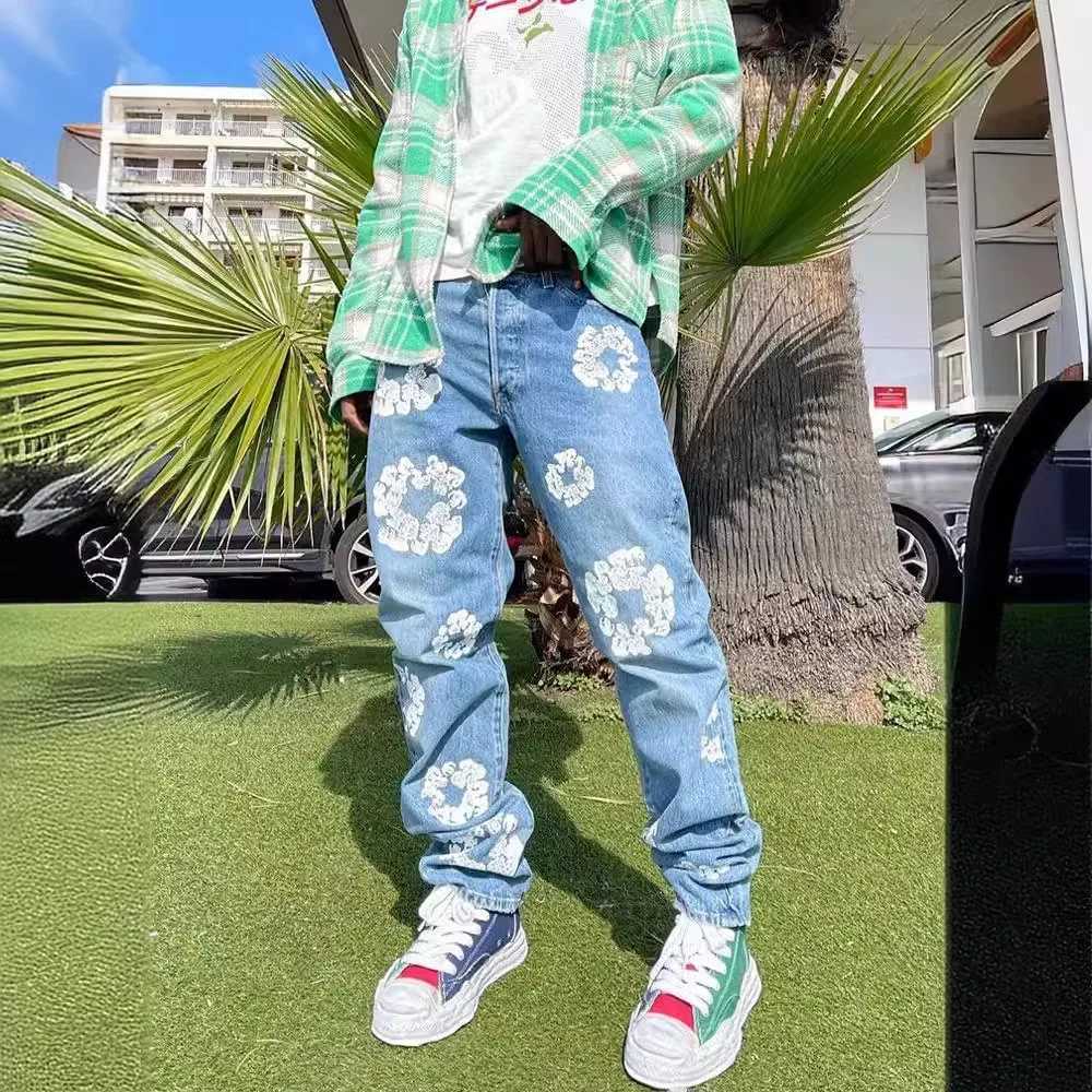 Mens jeans denim pants autumn and winter casual aesthetics floral printed jeans pocket pants Trousers high waisted fashionable womens jeansT250319