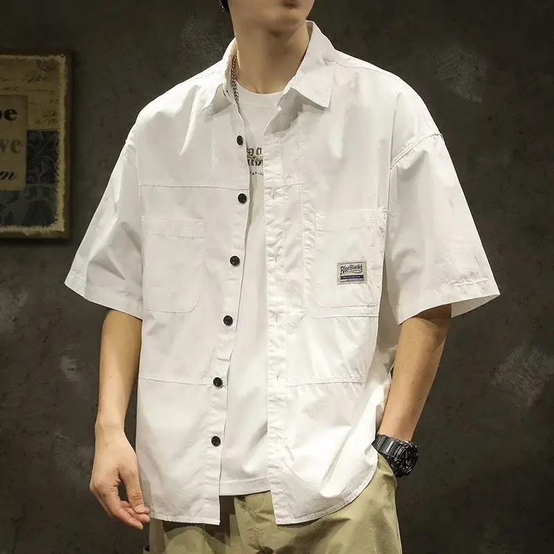 American mens casual short sleeved summer fashionable comfortable Tshirt street plain collared shirt 250317