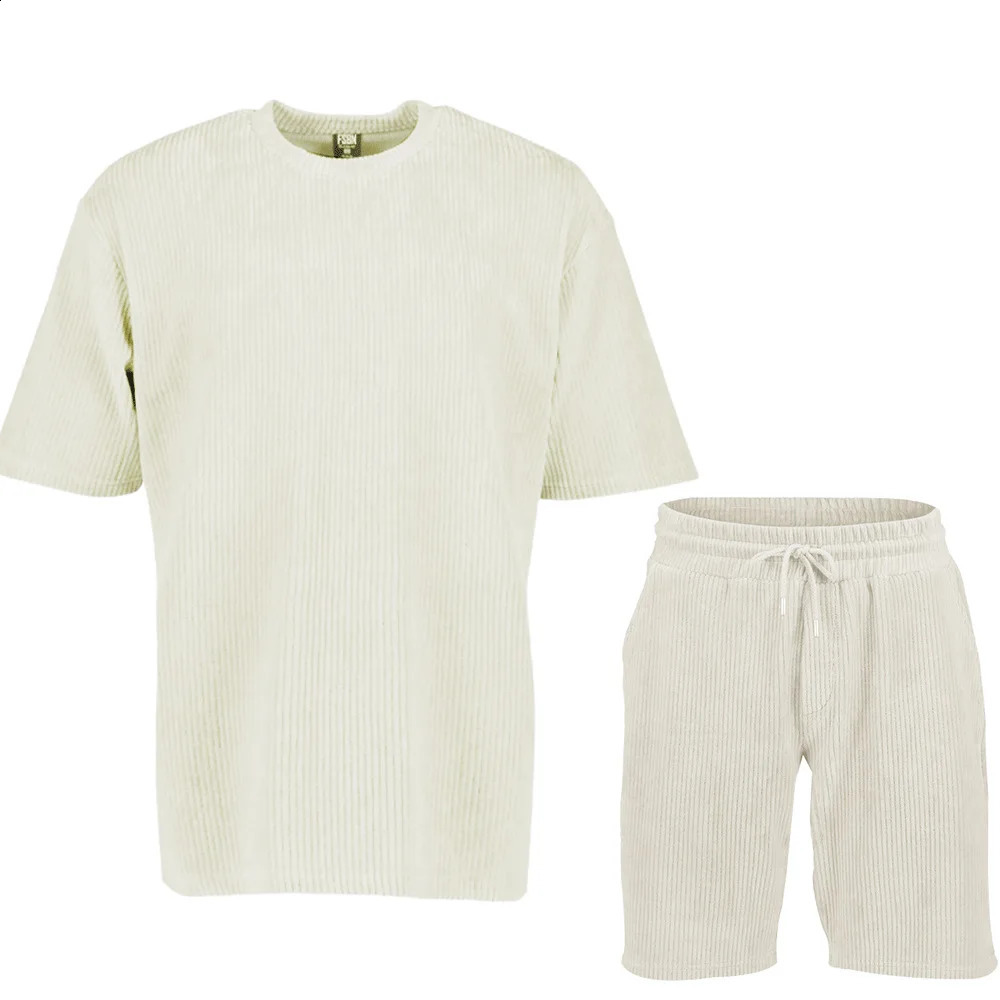 2023 Summer Mens Striped Suit Loose Crew Neck Shortsleeved Tshirt And Shorts Solid Color Sports Casual Twopiece Set 250319