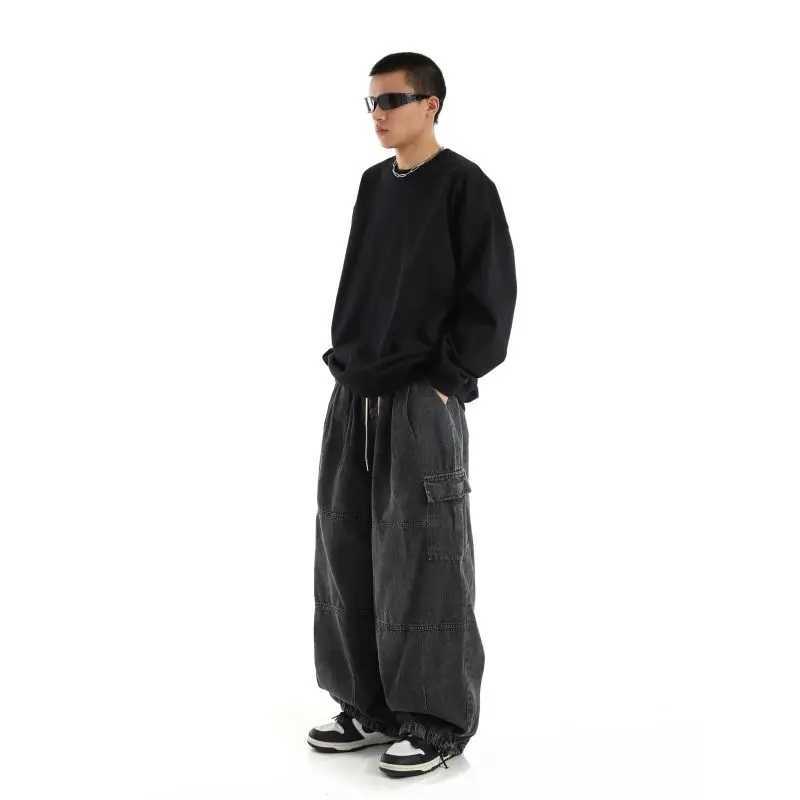Y2k black bagged cargo jeans mens streetwear casual hippie jogging wide leg oversized mens jeansT250319