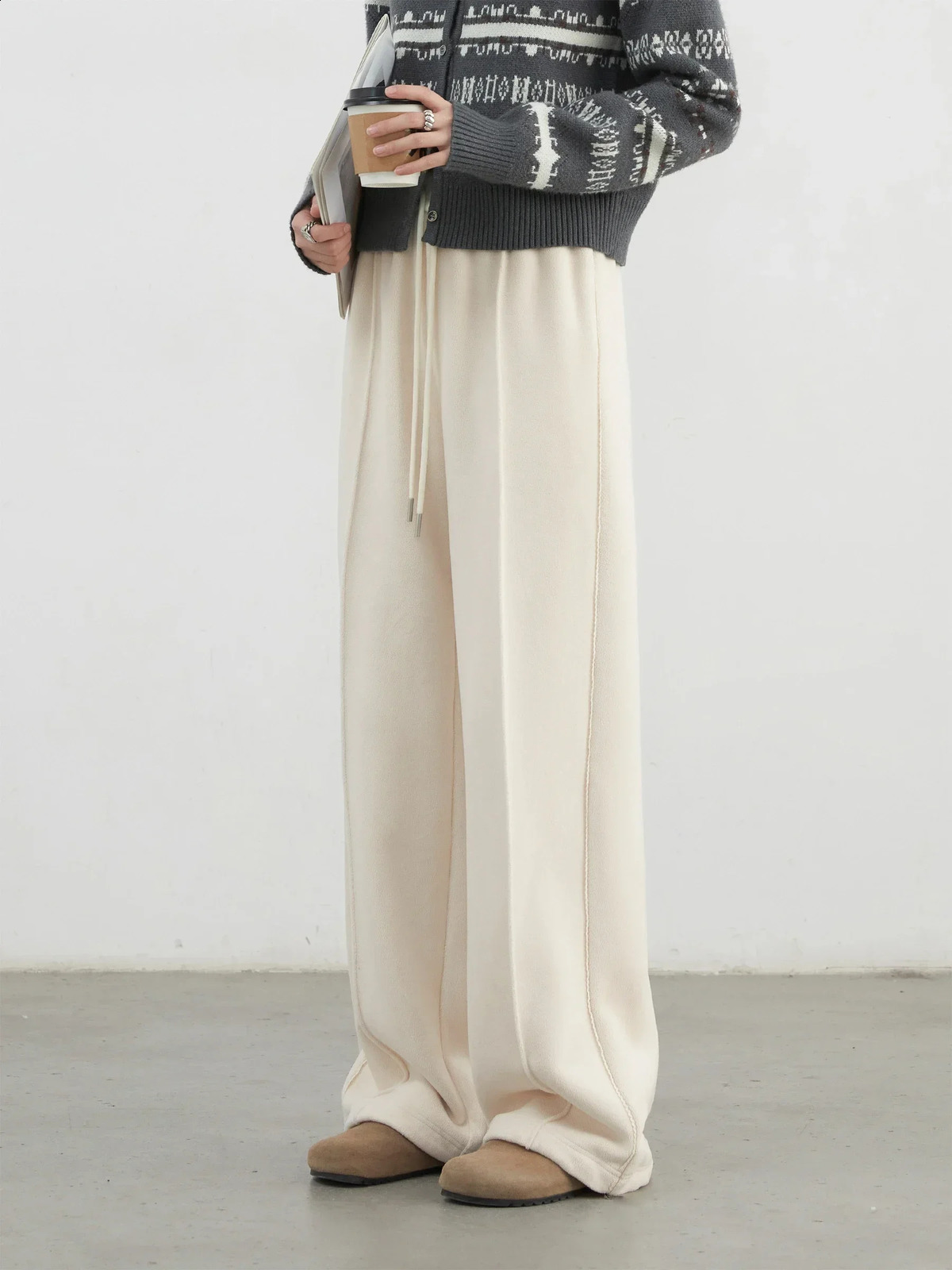CHIC VEN Womens Casual Solid Elastic Waist Wide Leg s Trouser Lazy Straight Pants Womens Autumn Winter 250314