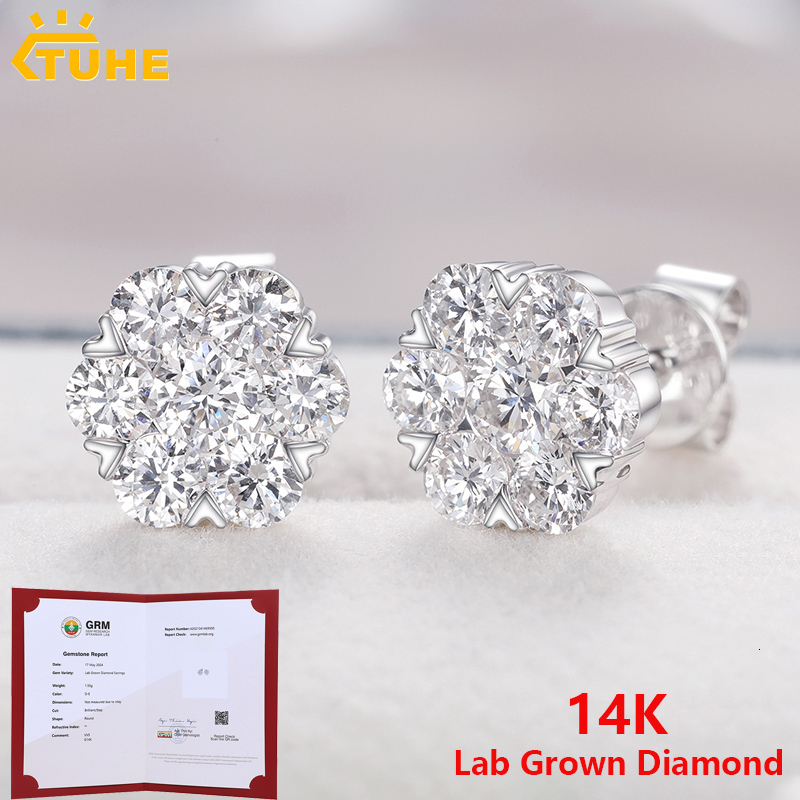 14K White Gold Stud Earrings For Women Men Honeycomb Flower Lab Grown Diamond Round Ear Studs Fine Wedding Birthday Jewelry Gift