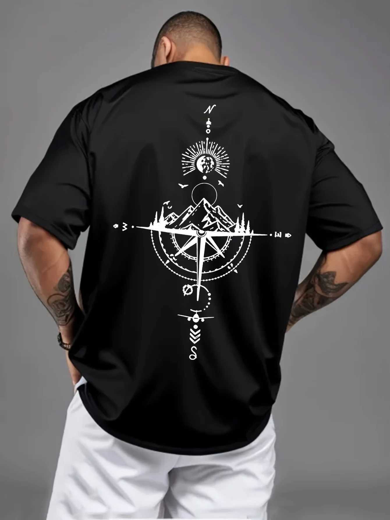 Summer mens 100% pure cotton casual sports loose retro compass print comfortable round neck short sleeved T-shirtT250319