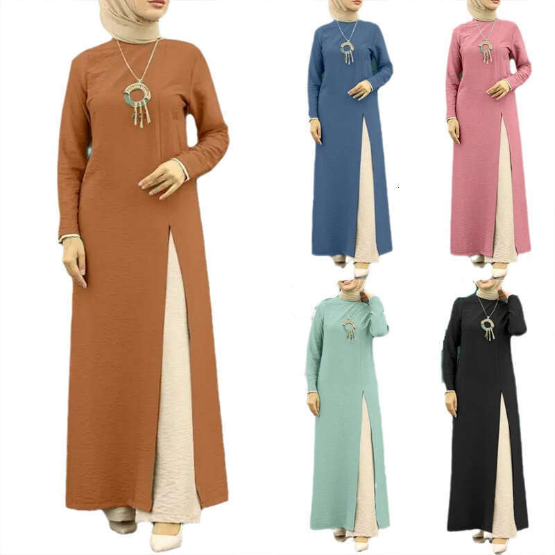 Muslim Ice Silk Wrinkled Long Sleeved High Slit Hem Dress, Fashionable Solid Color Elegant Intellectual Women's Robe
