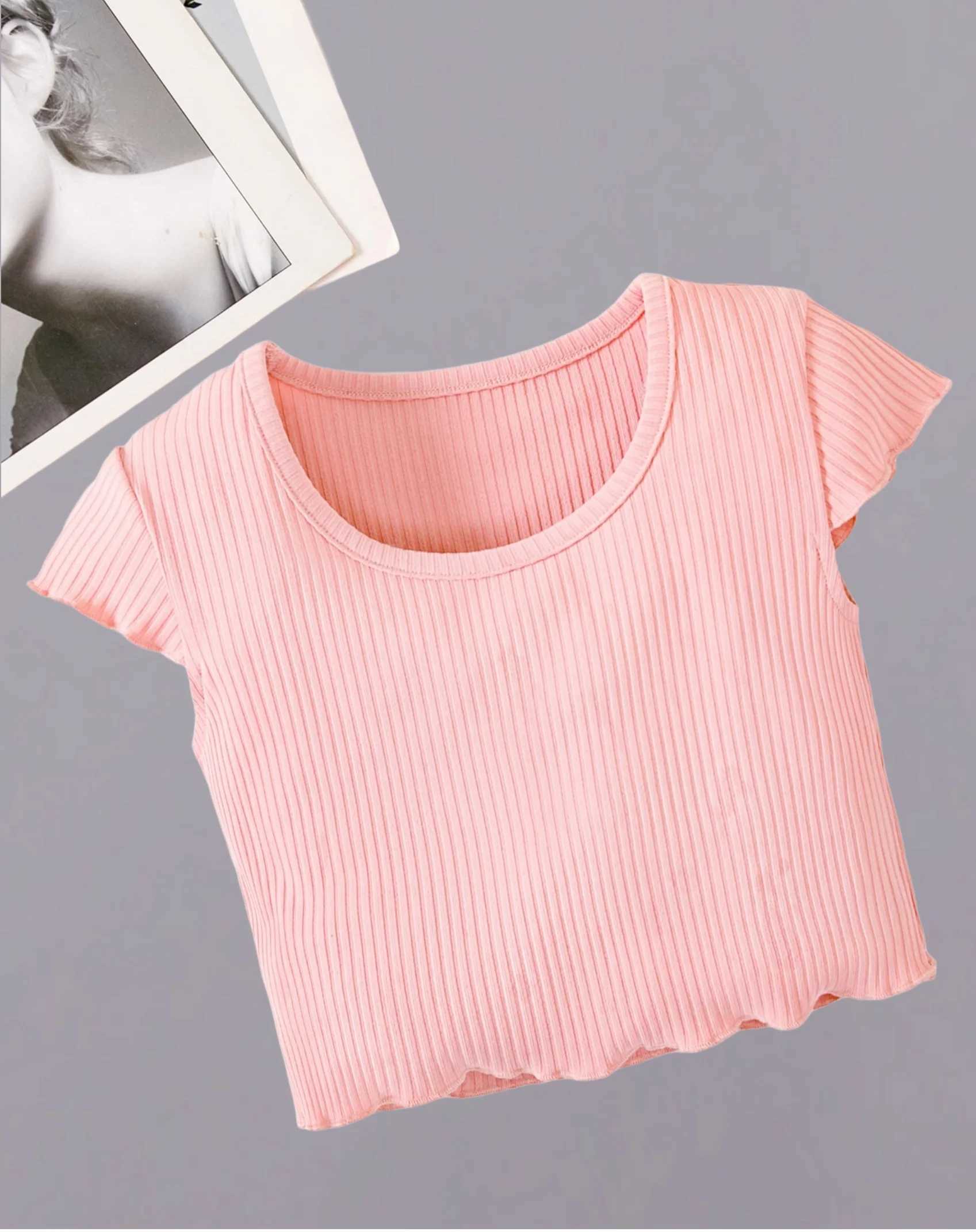 Girls summer pit stripe wave edge design feels like flying sleep round neck thin street top pink slim simple and unique short sleepT250320