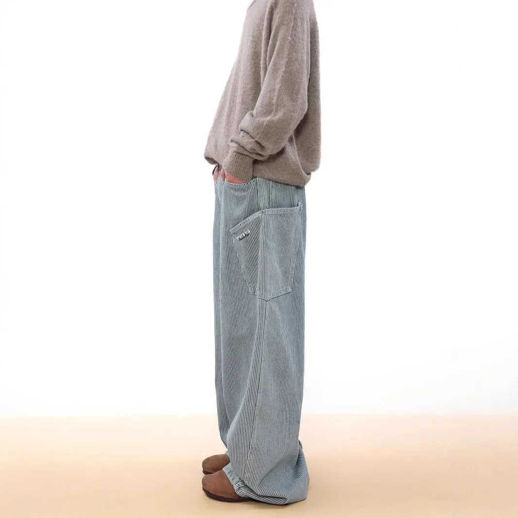 Retro letter embroidered blue striped mens jeans casual wide leg pants new spring summer autumn couple style American fashionT250319