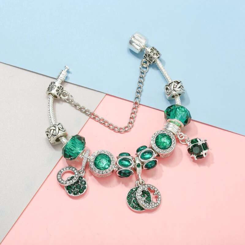 Original Charm Bracelet For Women Green Crystal Glass Beads Pendant DIY Snake Chain Bijoux Pulseras Jewelry Gift Dropshipping