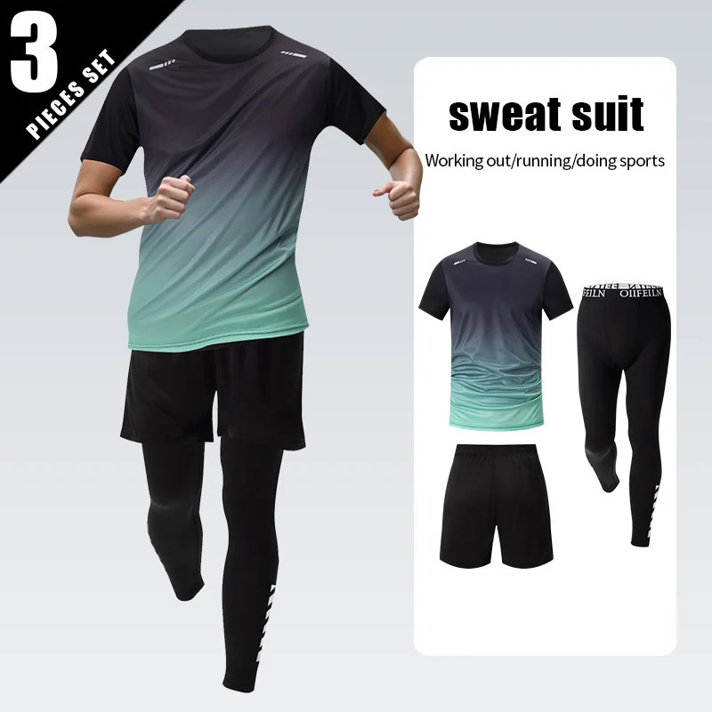 3 Pcs Mens Quick-drying Sports Gradient Suit Leisure Sports Running Short Sleeve Comfortable Sun Protection Pants Joker Shorts 250319