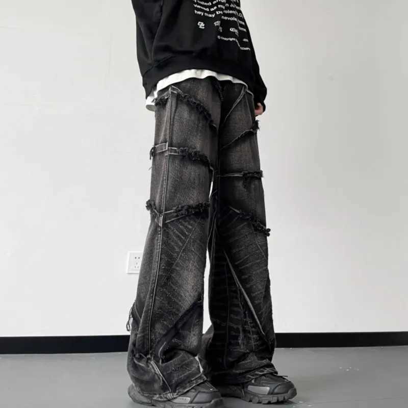 Striped fringe torn jeans mens fashion wide leg hip-hop lazy style jeans couple retro loose jeans mens denim jeansT250319