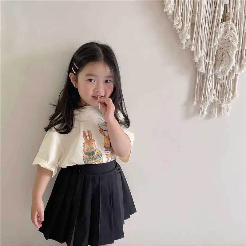 2152B Childrens T-shirt 2022 Summer Childrens Short sleeved Cartoon Top Boys and Girls Rabbit Flower Printed T-shirtT250320