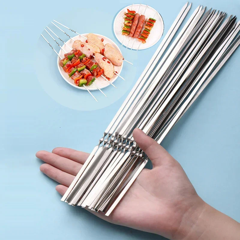 50Pcs Reusable Stainless Steel Barbecue Skewer with Wooden Handle BBQ Skewers Kebab Iron Stick for Outdoor Camping Picnic Tools 250314