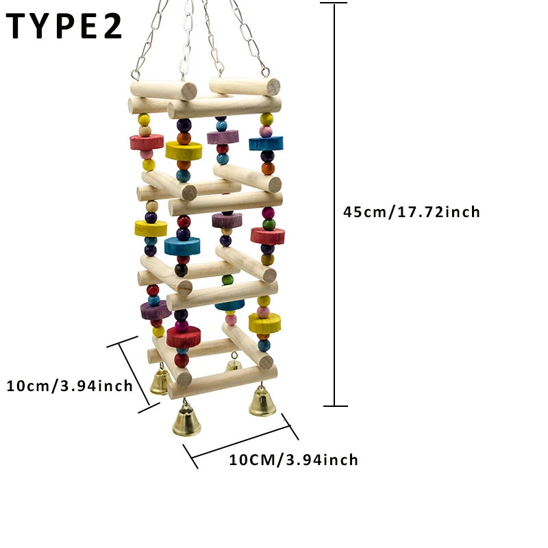 Wooden parrot hanging rainbow pendant training ladder toy with bell birdcage pet accessories suitable for large and small birds 250320