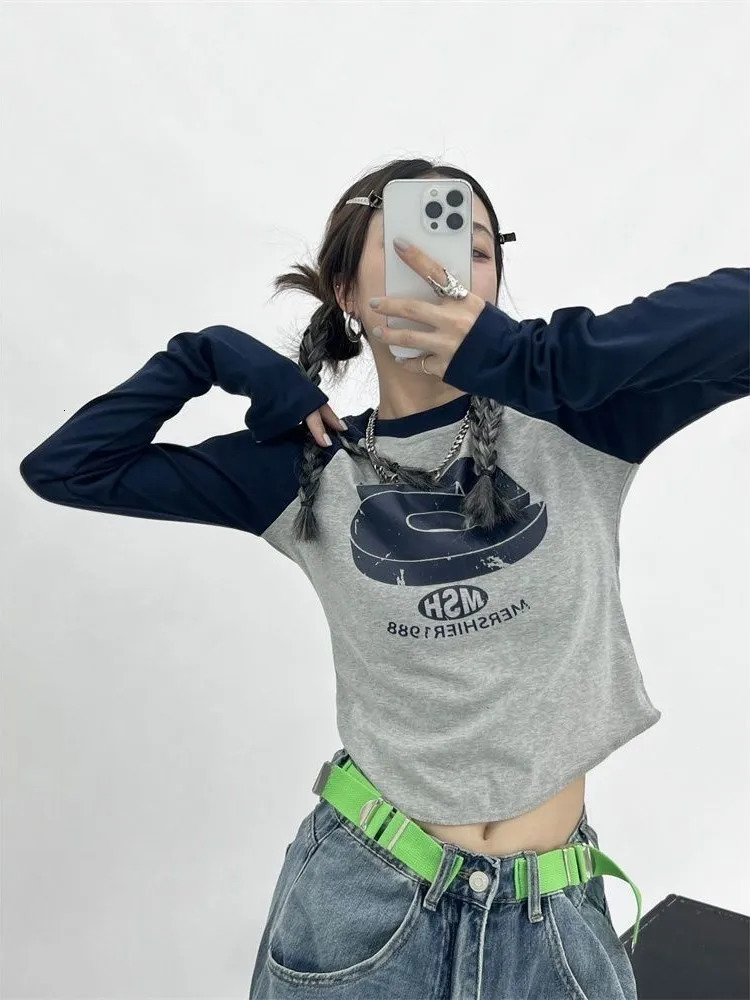 Spring Autumn Vintage Y2K Patchwork Green Tshirts Women Hippie Streetwear Long Sleeve T Shirt Female Kpop Retro Autumn Crop Tops 250320