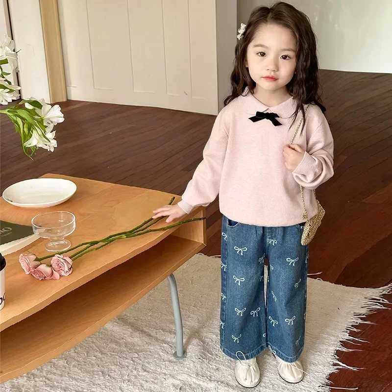 4626 Children Pant Spring and Autumn Korean Printed Bows Baby Girls Jeans Straight Denim PantsT2502320