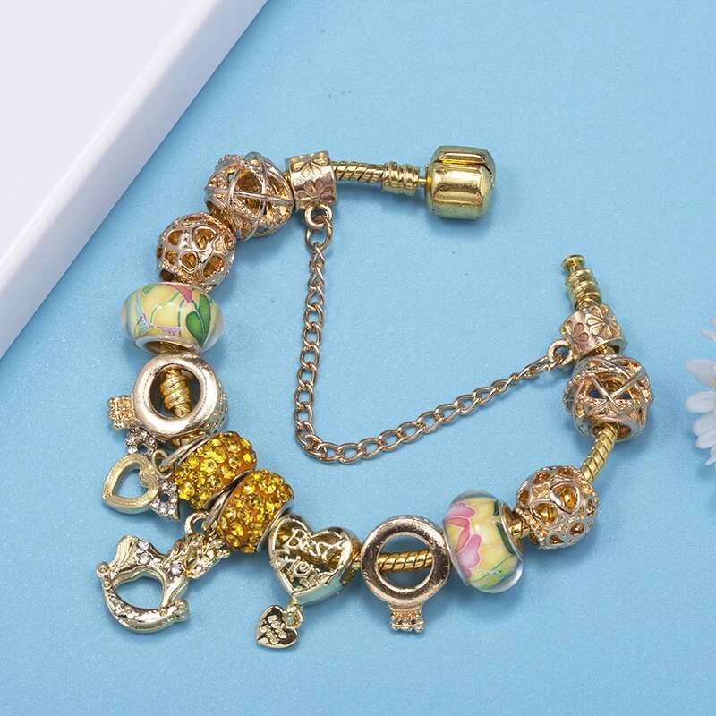 Gold Color Crown Trojan Horse Beads Charm Bracelet For Women With DIY Brand Bracelets Bangles Pulseras Jewelry Gift Dropshipping