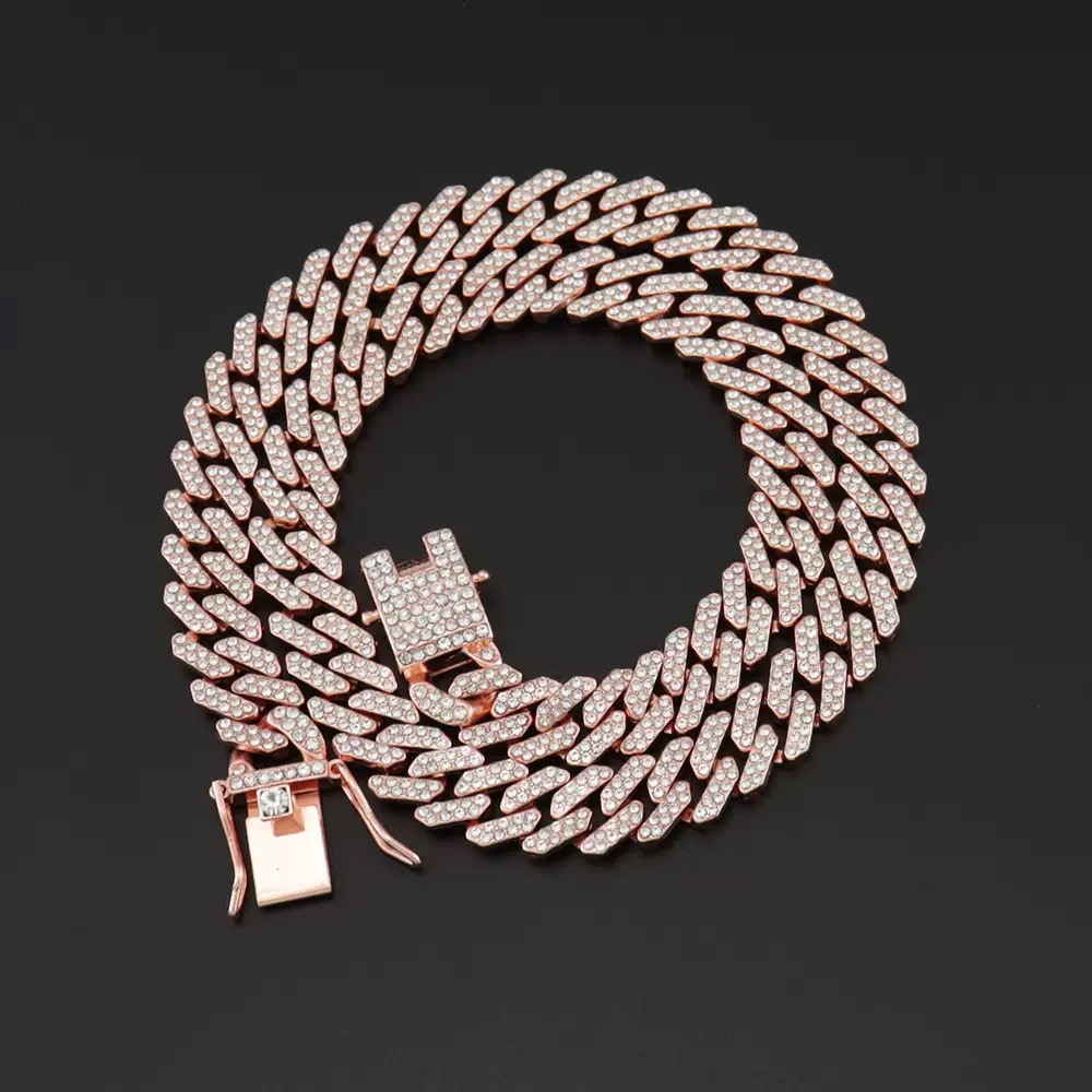 2025 New model 12MM Rose Gold Color Miami k Chain Iced Out Bg Rhie Cuban Choker Necklace Women Men Hip Hop Jewelry