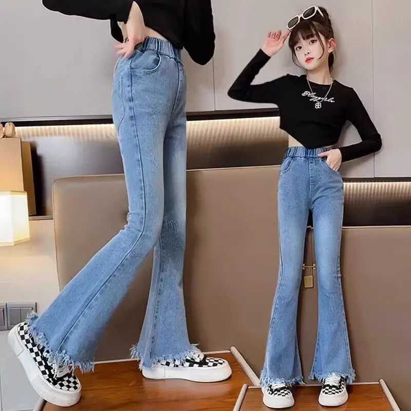 Girls Jeans Spring/Outumn Fashion Flared Trouser for Kids Blue Casual Full Match Youth Pants 10 12 14 Years OldT250326