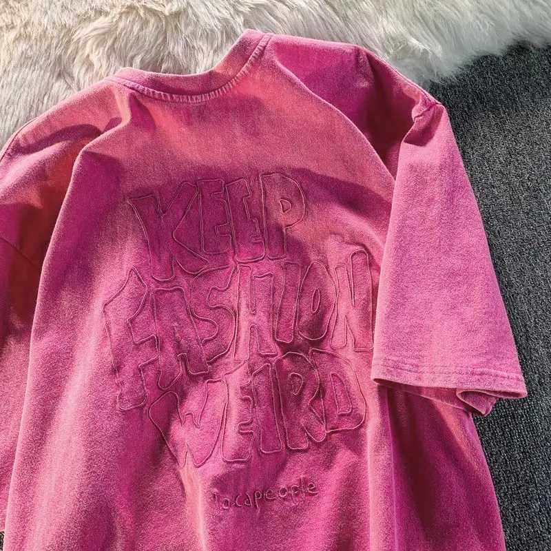 Y2k American chic letter embroidery womens plus size T-shirt street trend cool top 2024 new summer wash black T-shirtT250320