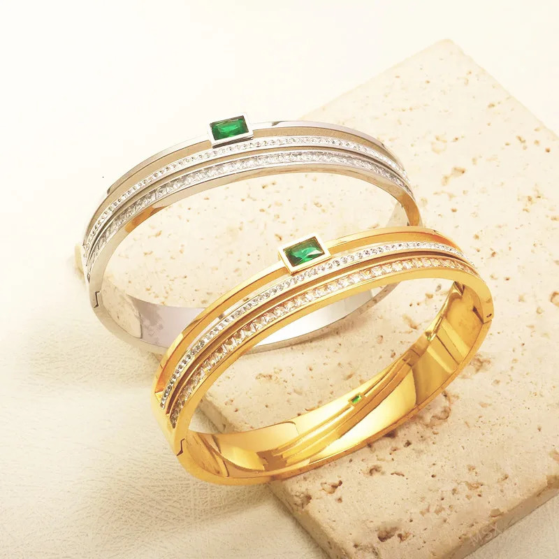 CARLIDANA High Quality Green White Rhinestone Deluxe Wide Bracelet Stainless Steel Waterproof for Women Bangle Party Jewelry 250320