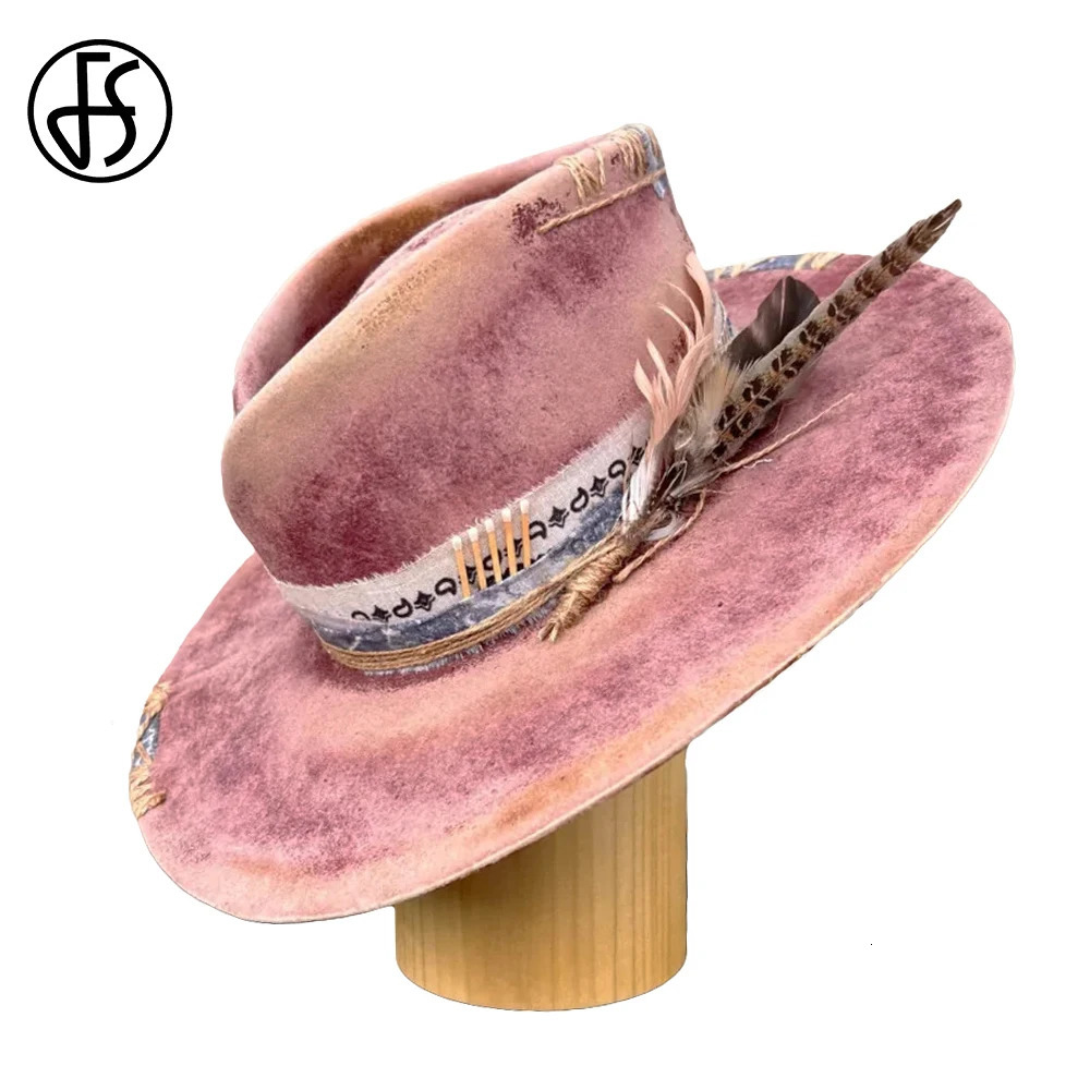 FS Vintage Wine Red Cowboy Hats For Men Women With Ribbon Feather Decoration Jazz Panama Hat Gentleman Wool Felt Fedoras 250320