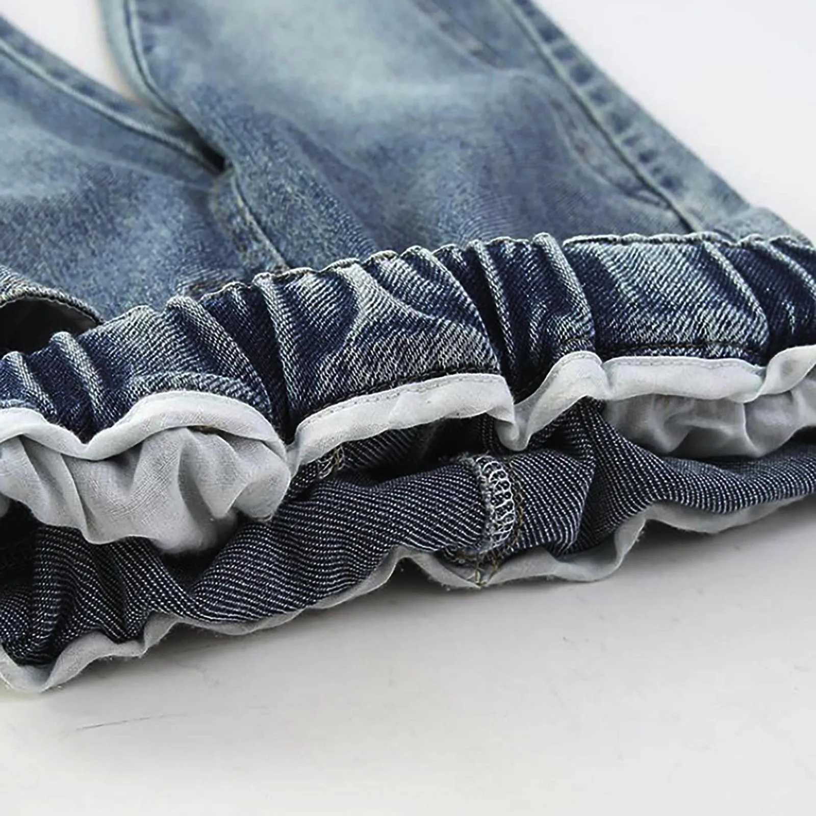 Big girl knitted girl flash jeans hem star print bell bottom retro jeans denim jeans solid color jeansT250326