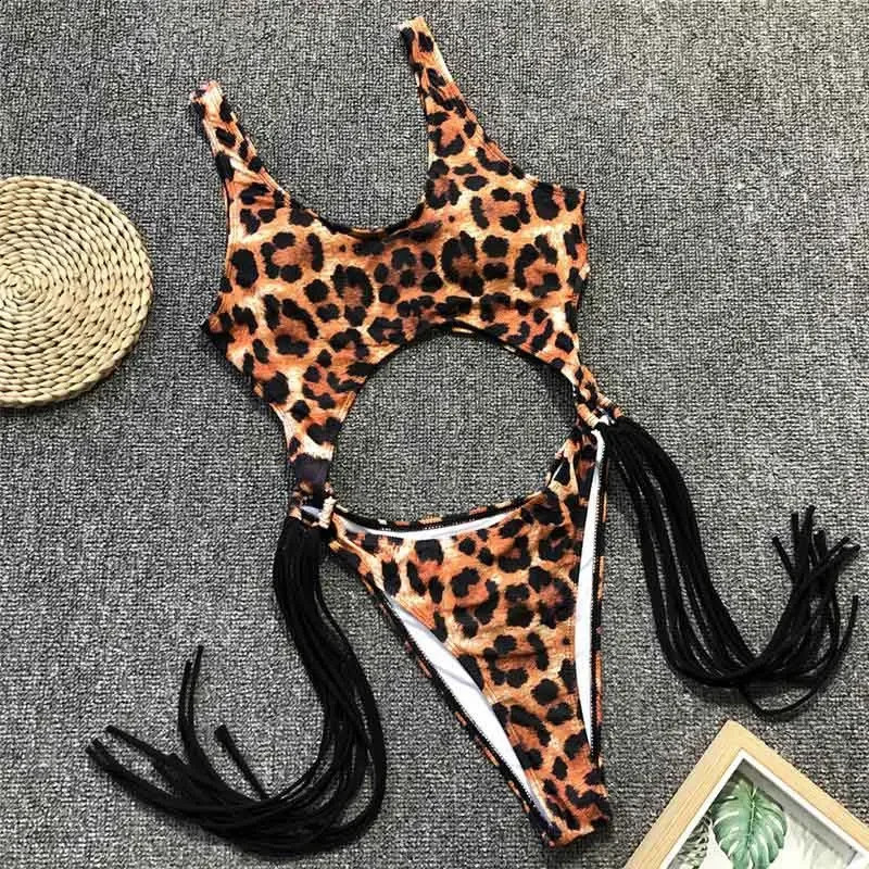 Sexy Leopard Swimwear Tummy Cut Out One Piece Swimsuit Female Tassel Bather Hollow Out Bathing Suit Swim Wear Lady 3880 250319