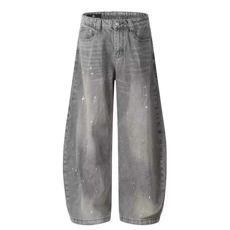 Spring and Autumn Retro Washed Vintage Grey Splash Ink Curved Knife Jeans for Men and Women Trendy Brand American Street Loose PT250319