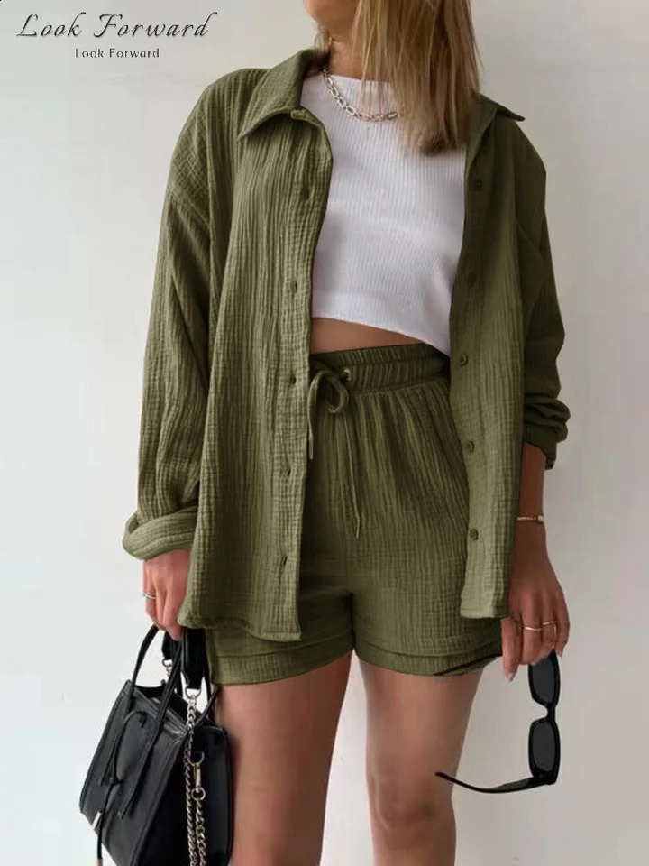 Casual Shirt Shorts Suit Women Spring Summer Buttons Blouses Lace up Above Knee Pants Set Lady Full Sleeve Sets Female Home Wear 250318