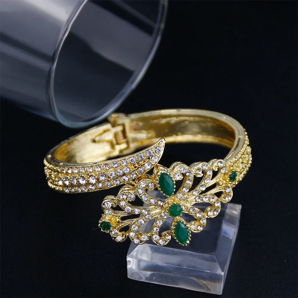 Sunspicems Elegent Morocco Bangle Gold Color Women Cuff Bracelet Full Rhinestone Arab Ethnic Wedding Jewelry Lover Gift 250320