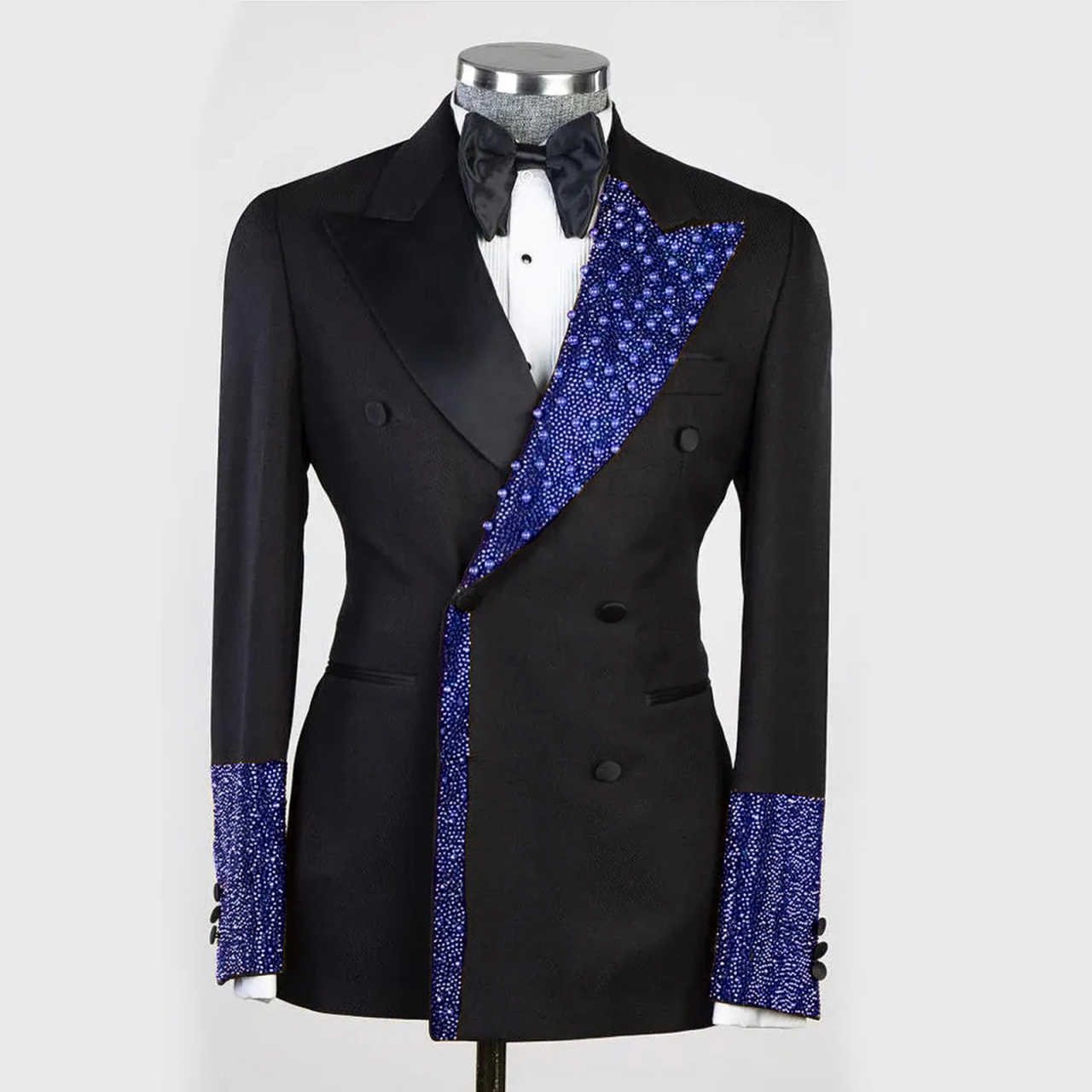 Modern Wedding Tuxedos Blue Beaded Men Suit Peaked Lapel 2 Piece Set Jacket Pants Party Groom Business Blazers Customized